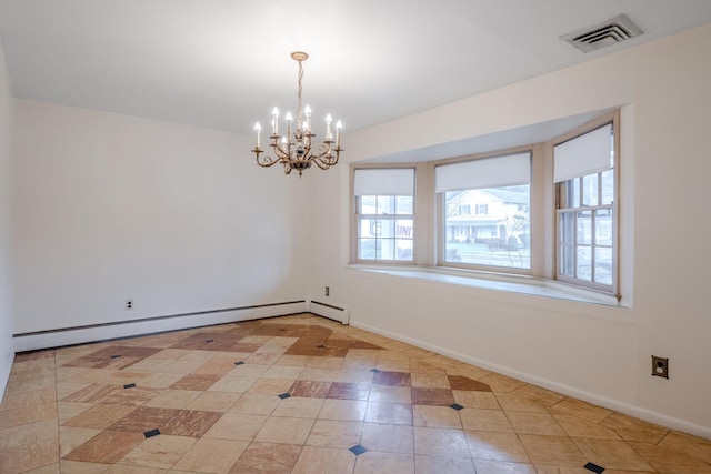 unfurnished room with a notable chandelier and a baseboard heating unit