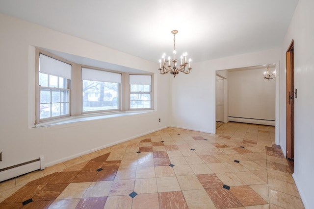 unfurnished dining area featuring a notable chandelier, light tile patterned floors, and baseboard heating