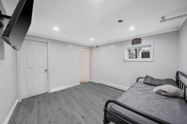 bedroom with hardwood / wood-style floors and a baseboard radiator