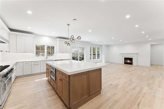 kitchen featuring appliances with stainless steel finishes, light wood-type flooring, a fireplace, decorative light fixtures, and white cabinets