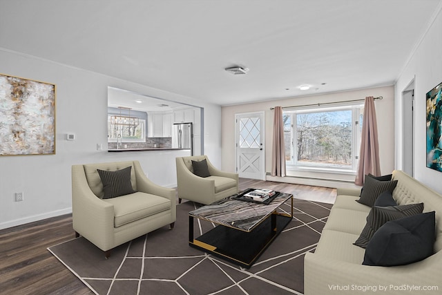 living room featuring dark hardwood / wood-style flooring, ornamental molding, and sink