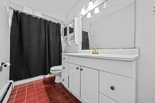 bathroom featuring vanity, toilet, and a baseboard radiator