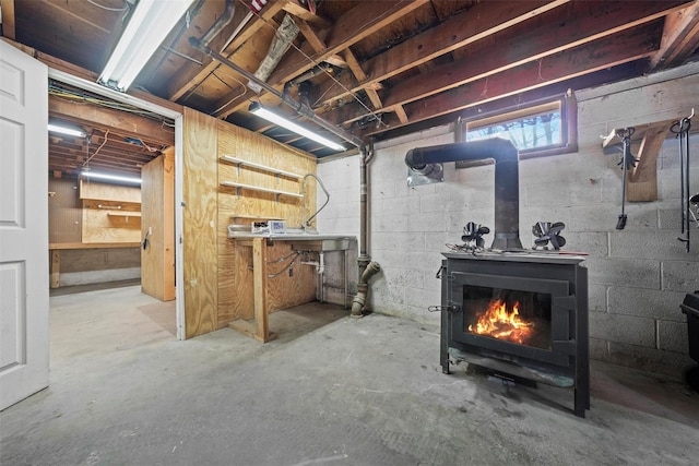 basement with a wood stove