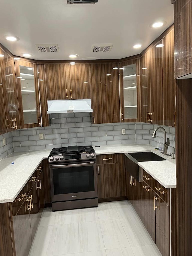 kitchen with stainless steel gas stove, sink, premium range hood, decorative backsplash, and dark brown cabinets