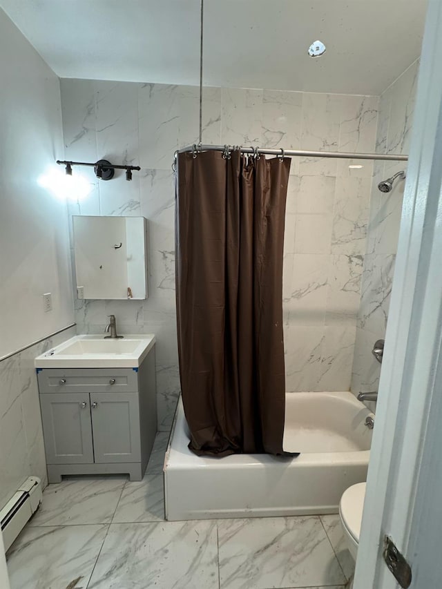 bathroom with shower / tub combo, toilet, a baseboard radiator, vanity, and marble finish floor