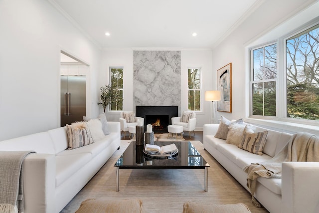 living room featuring ornamental molding and a high end fireplace