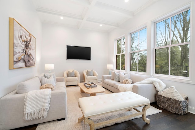 living room featuring coffered ceiling, beam ceiling, crown molding, and hardwood / wood-style flooring