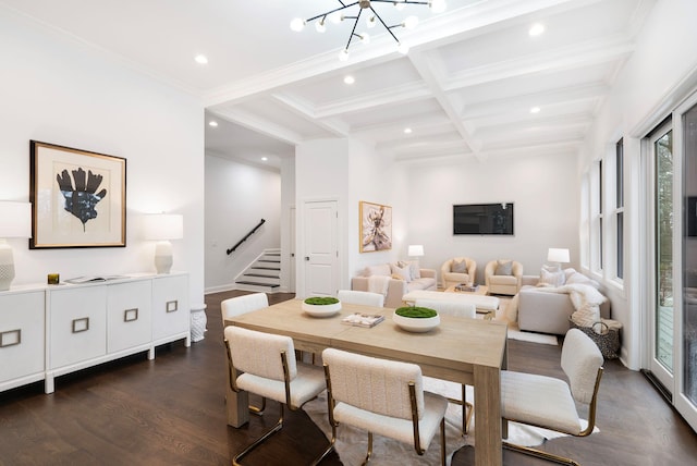 dining area featuring coffered ceiling, crown molding, a chandelier, dark hardwood / wood-style floors, and beamed ceiling