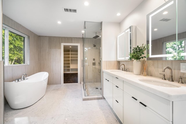 bathroom with shower with separate bathtub, a healthy amount of sunlight, vanity, and decorative backsplash