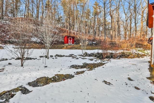 yard layered in snow with a storage shed