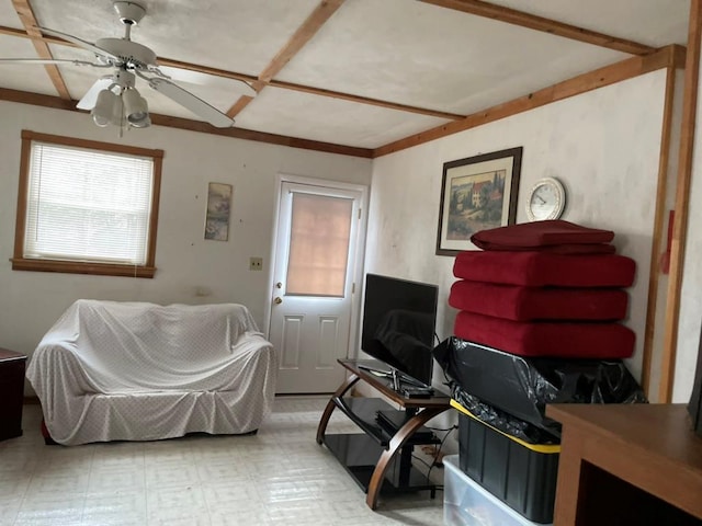 living area with ceiling fan