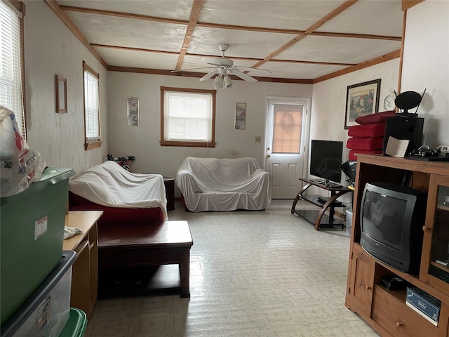 living room with ceiling fan