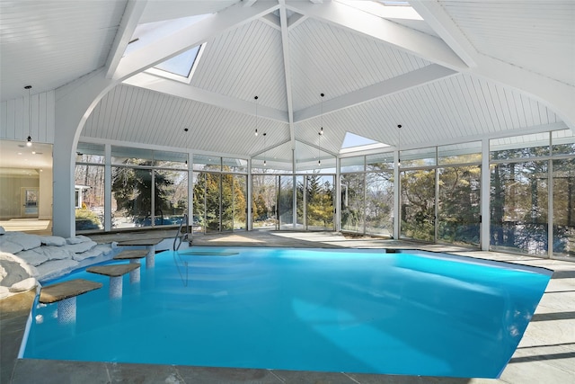 view of swimming pool featuring a skylight