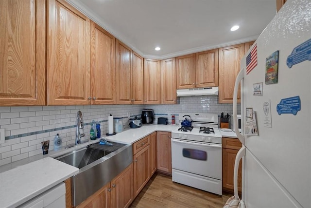 kitchen with tasteful backsplash, sink, light hardwood / wood-style floors, and white appliances