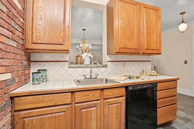 kitchen with decorative light fixtures, sink, black dishwasher, and crown molding