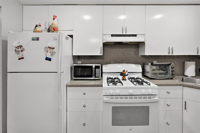 kitchen featuring white cabinetry, white appliances, and backsplash