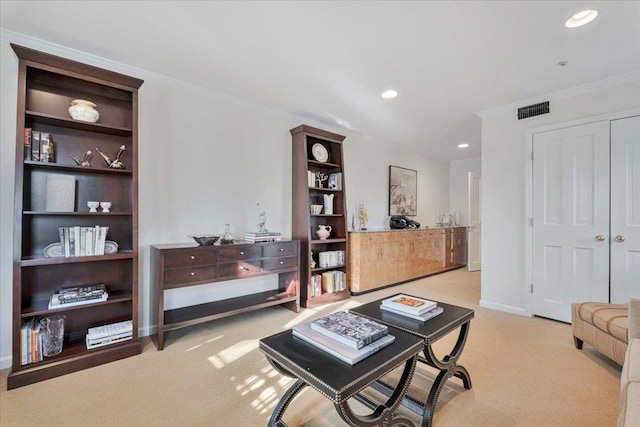 carpeted living room featuring crown molding and built in features