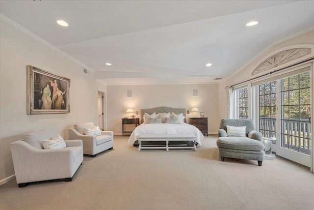 bedroom with access to outside, carpet floors, ornamental molding, and vaulted ceiling