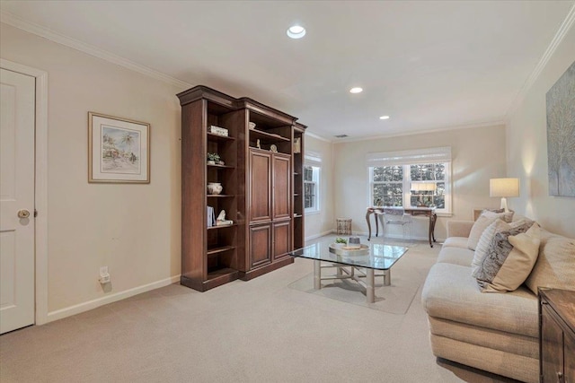 carpeted living room featuring ornamental molding