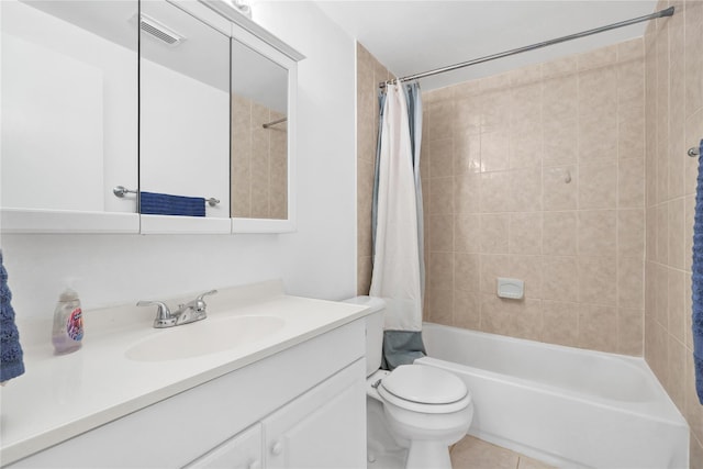 full bathroom featuring tile patterned flooring, vanity, shower / bathtub combination with curtain, and toilet