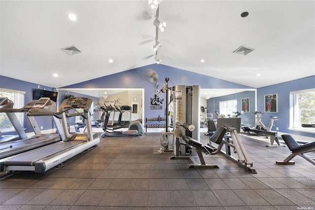 exercise room with visible vents, vaulted ceiling, track lighting, and recessed lighting