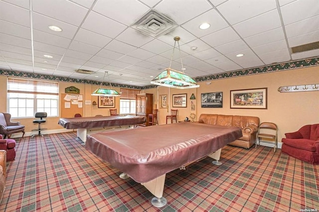 playroom with carpet flooring, visible vents, and baseboards