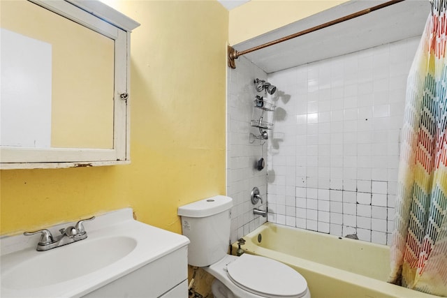 full bathroom with vanity, toilet, and shower / bathtub combination with curtain