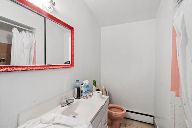 bathroom featuring vanity, a baseboard heating unit, tile patterned floors, a shower with curtain, and toilet