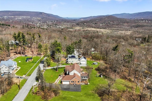 drone / aerial view featuring a mountain view