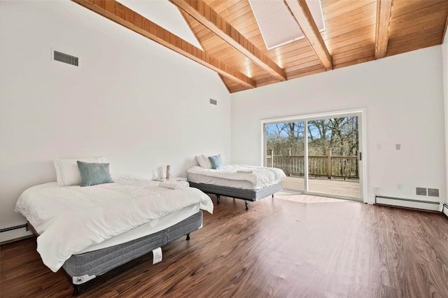 bedroom featuring access to outside, dark hardwood / wood-style flooring, high vaulted ceiling, and wooden ceiling