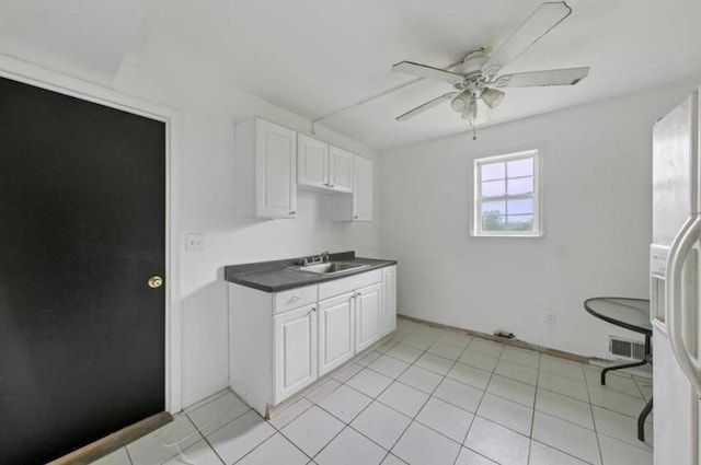 kitchen featuring white cabinets, ceiling fan, white refrigerator with ice dispenser, and sink