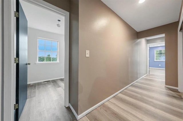 hallway with light hardwood / wood-style floors and a wealth of natural light