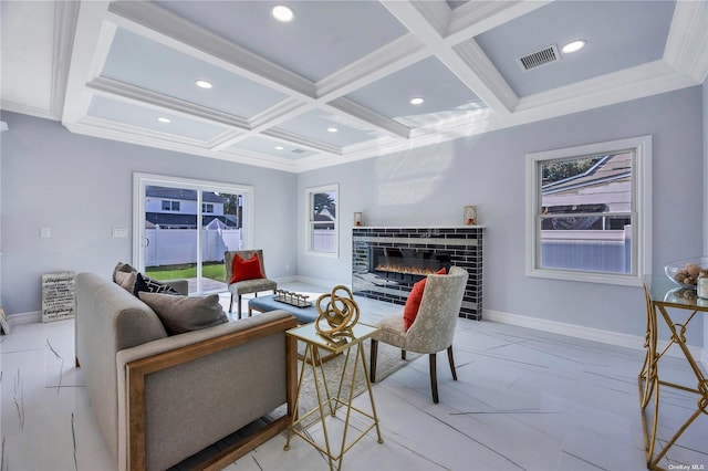 living room with a fireplace, beam ceiling, crown molding, and coffered ceiling