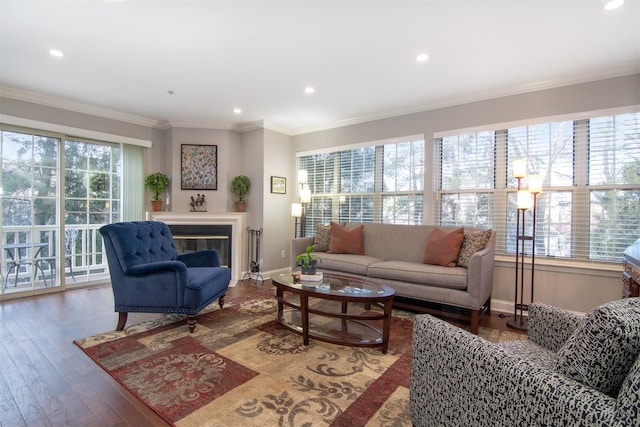 living room featuring hardwood / wood-style floors and ornamental molding