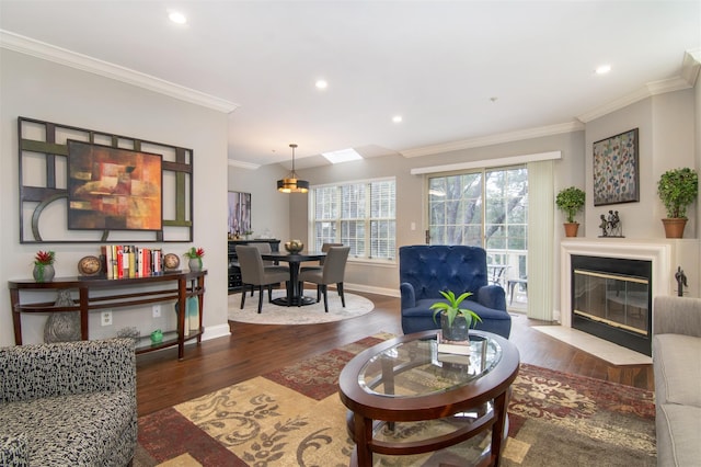 living room featuring crown molding and dark hardwood / wood-style flooring