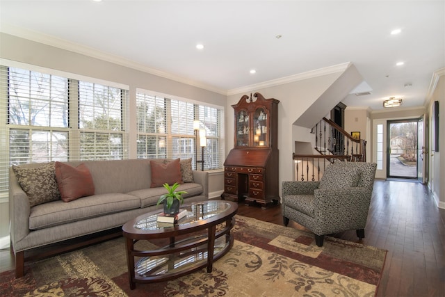 living room with ornamental molding and dark hardwood / wood-style floors