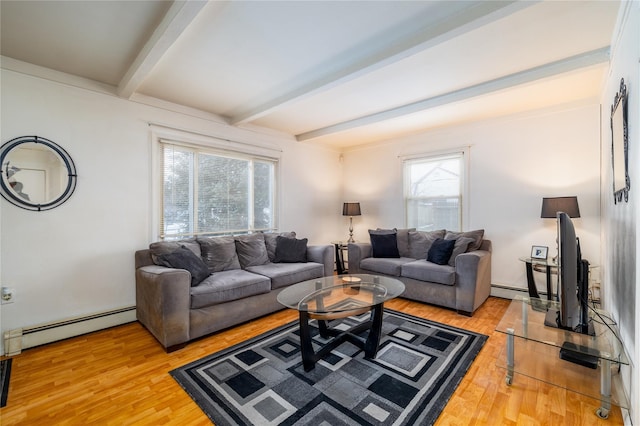 living room with beamed ceiling, light hardwood / wood-style floors, and a baseboard heating unit