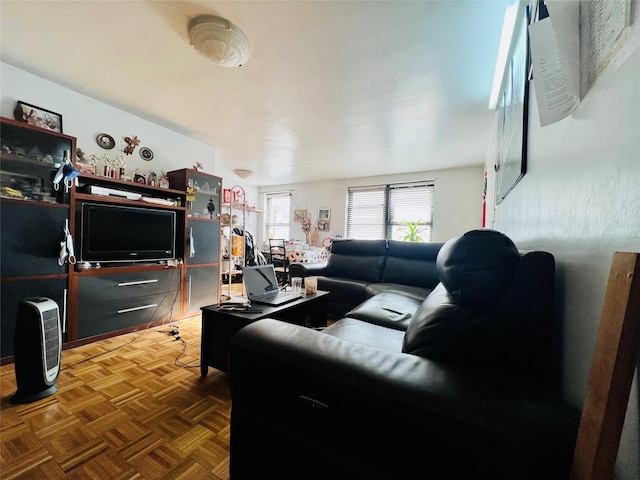 living room with dark parquet floors