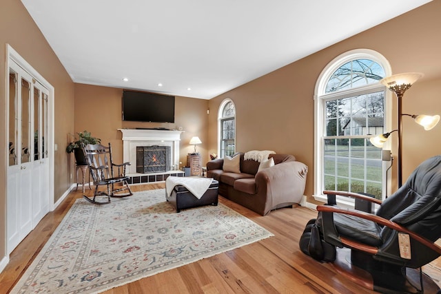 living room featuring a tiled fireplace and light wood-type flooring