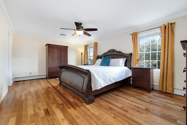 bedroom featuring crown molding, a baseboard heating unit, ceiling fan, and light hardwood / wood-style floors