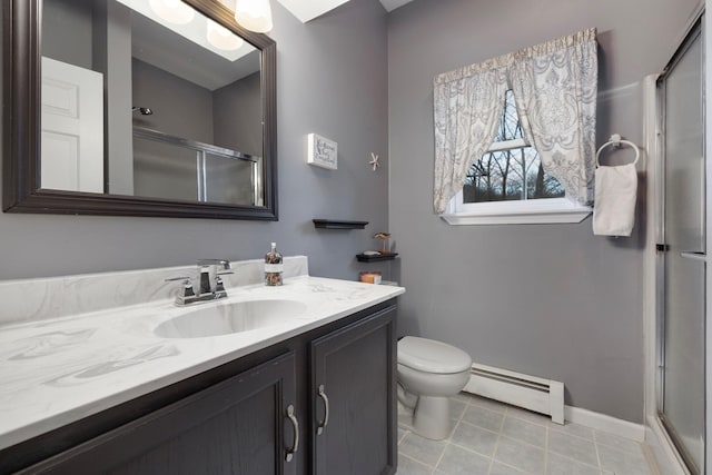 bathroom featuring tile patterned floors, toilet, a shower with shower door, baseboard heating, and vanity