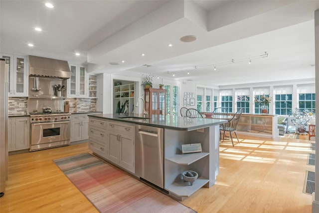 kitchen with stainless steel appliances, tasteful backsplash, light hardwood / wood-style floors, an island with sink, and gray cabinets