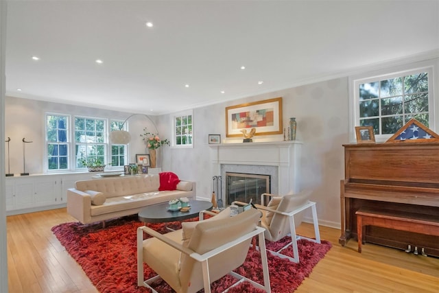 living room with light hardwood / wood-style floors, ornamental molding, and a fireplace