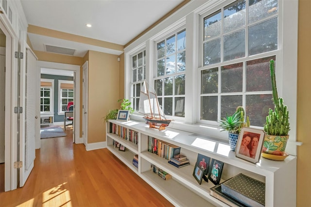 hallway featuring a wealth of natural light and light hardwood / wood-style flooring