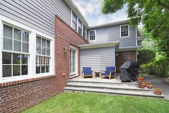 rear view of property with an outdoor hangout area, a wooden deck, and french doors