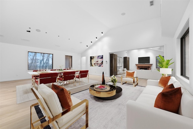 living room featuring high vaulted ceiling and light hardwood / wood-style floors