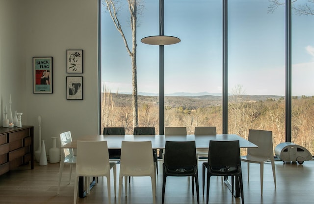 dining room with a mountain view and wood-type flooring