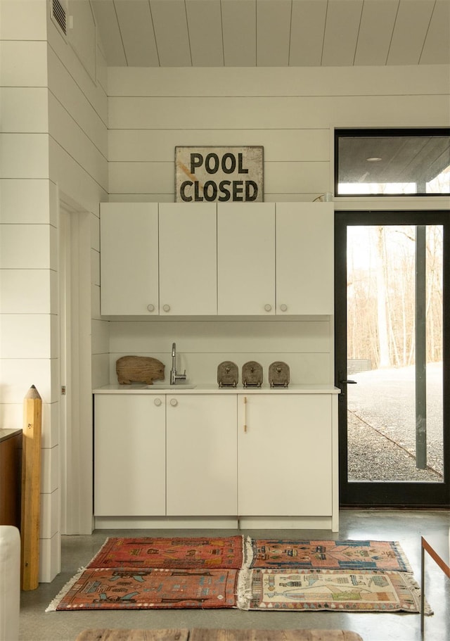 laundry area with sink and wood walls