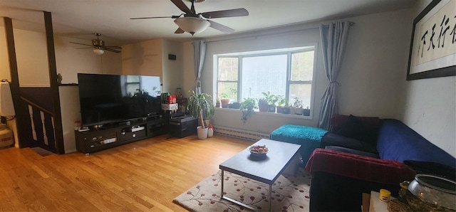 living room with ceiling fan, light hardwood / wood-style floors, and a baseboard heating unit