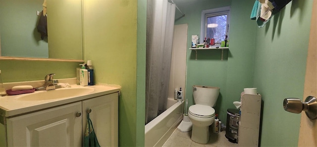 full bathroom with tile patterned flooring, shower / bath combination with curtain, vanity, and toilet